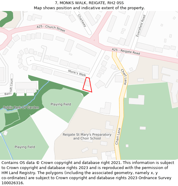 7, MONKS WALK, REIGATE, RH2 0SS: Location map and indicative extent of plot