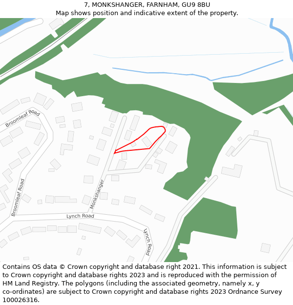 7, MONKSHANGER, FARNHAM, GU9 8BU: Location map and indicative extent of plot