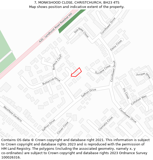 7, MONKSHOOD CLOSE, CHRISTCHURCH, BH23 4TS: Location map and indicative extent of plot