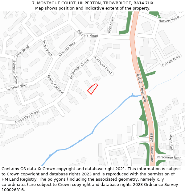 7, MONTAGUE COURT, HILPERTON, TROWBRIDGE, BA14 7HX: Location map and indicative extent of plot