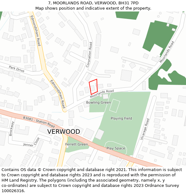 7, MOORLANDS ROAD, VERWOOD, BH31 7PD: Location map and indicative extent of plot