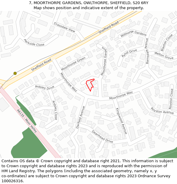 7, MOORTHORPE GARDENS, OWLTHORPE, SHEFFIELD, S20 6RY: Location map and indicative extent of plot