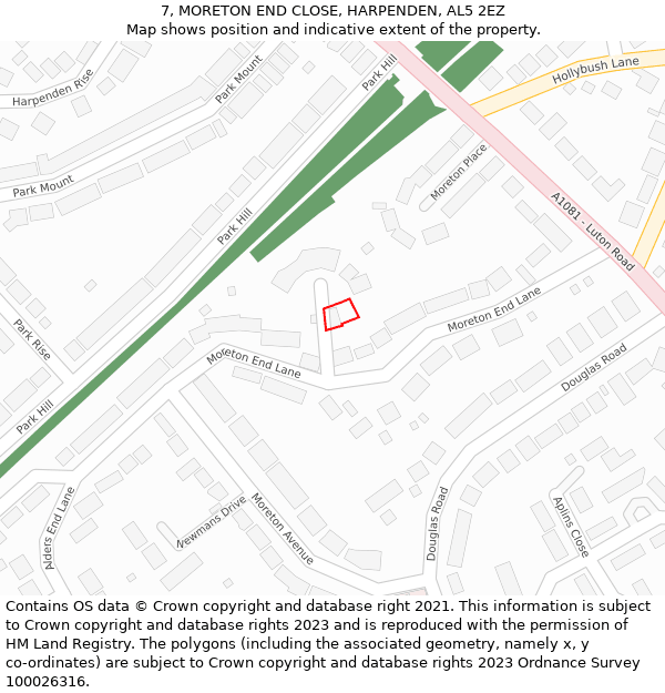 7, MORETON END CLOSE, HARPENDEN, AL5 2EZ: Location map and indicative extent of plot