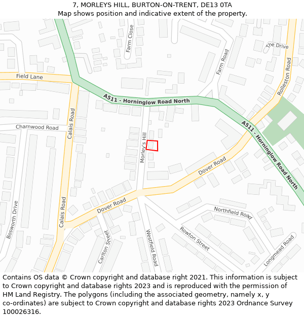 7, MORLEYS HILL, BURTON-ON-TRENT, DE13 0TA: Location map and indicative extent of plot