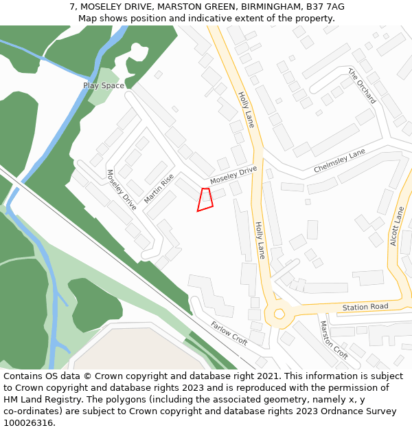 7, MOSELEY DRIVE, MARSTON GREEN, BIRMINGHAM, B37 7AG: Location map and indicative extent of plot
