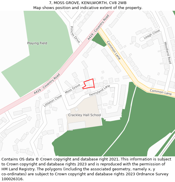 7, MOSS GROVE, KENILWORTH, CV8 2WB: Location map and indicative extent of plot