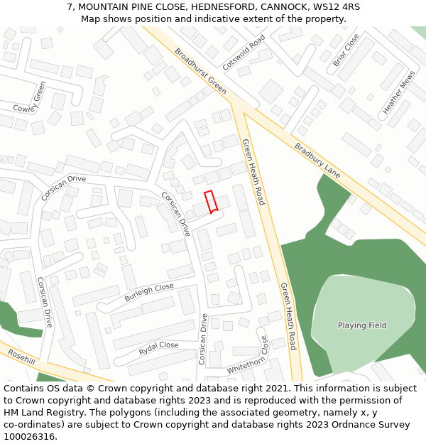 7, MOUNTAIN PINE CLOSE, HEDNESFORD, CANNOCK, WS12 4RS: Location map and indicative extent of plot