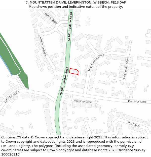 7, MOUNTBATTEN DRIVE, LEVERINGTON, WISBECH, PE13 5AF: Location map and indicative extent of plot