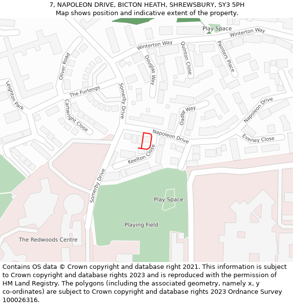 7, NAPOLEON DRIVE, BICTON HEATH, SHREWSBURY, SY3 5PH: Location map and indicative extent of plot