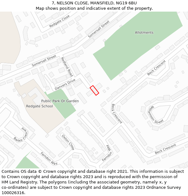 7, NELSON CLOSE, MANSFIELD, NG19 6BU: Location map and indicative extent of plot