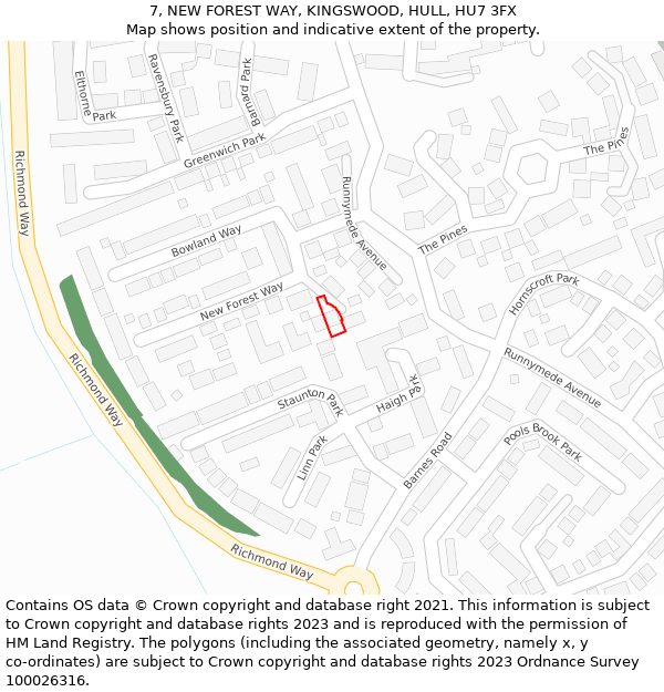 7, NEW FOREST WAY, KINGSWOOD, HULL, HU7 3FX: Location map and indicative extent of plot