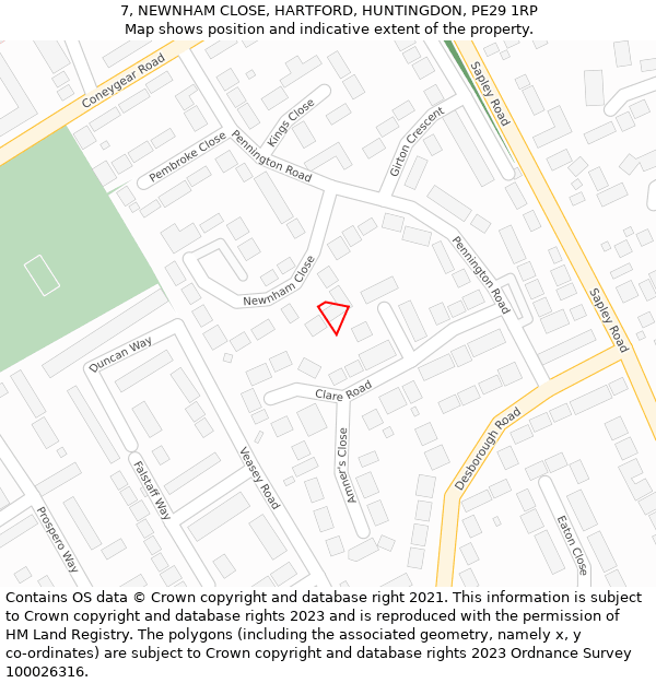 7, NEWNHAM CLOSE, HARTFORD, HUNTINGDON, PE29 1RP: Location map and indicative extent of plot