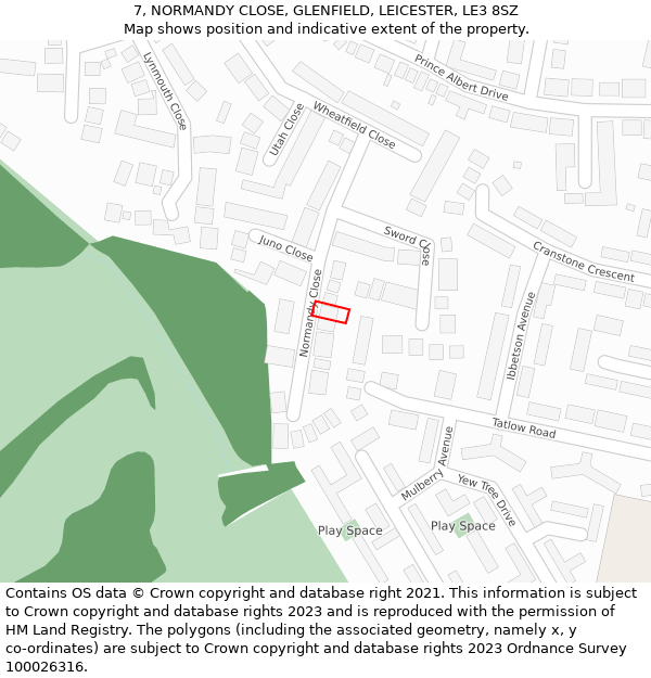 7, NORMANDY CLOSE, GLENFIELD, LEICESTER, LE3 8SZ: Location map and indicative extent of plot