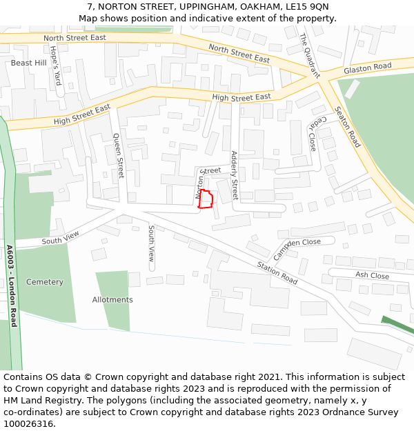 7, NORTON STREET, UPPINGHAM, OAKHAM, LE15 9QN: Location map and indicative extent of plot