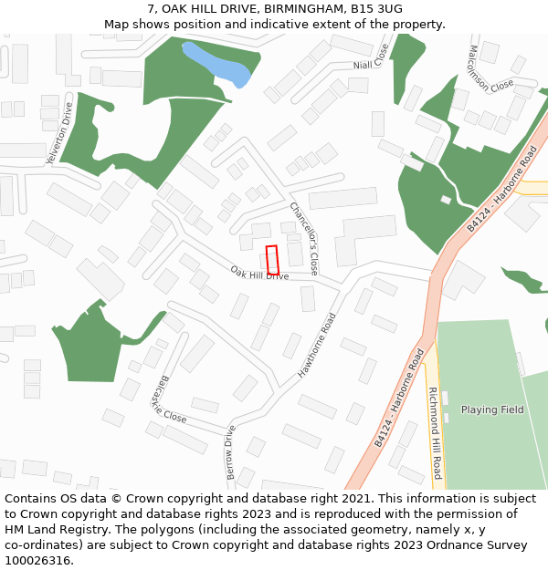7, OAK HILL DRIVE, BIRMINGHAM, B15 3UG: Location map and indicative extent of plot