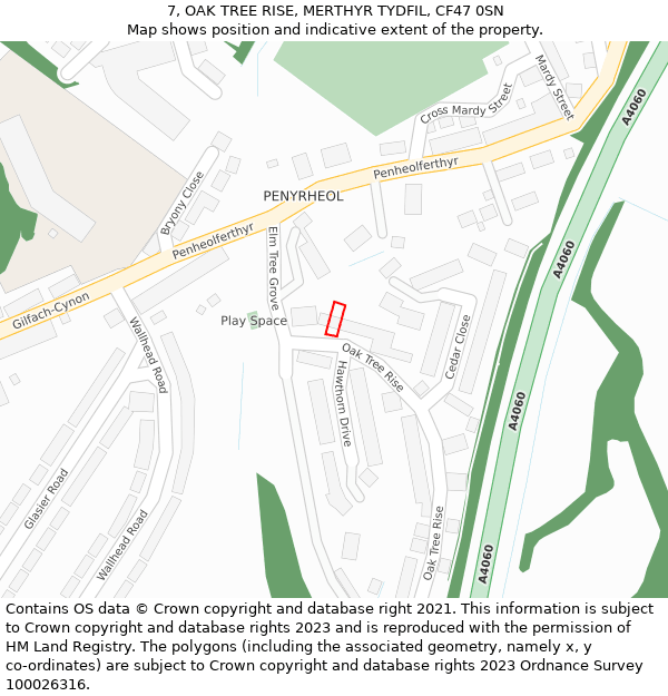 7, OAK TREE RISE, MERTHYR TYDFIL, CF47 0SN: Location map and indicative extent of plot