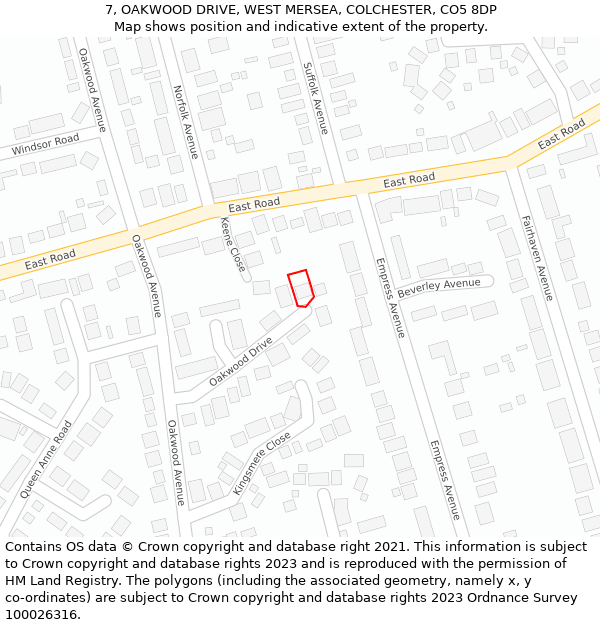 7, OAKWOOD DRIVE, WEST MERSEA, COLCHESTER, CO5 8DP: Location map and indicative extent of plot