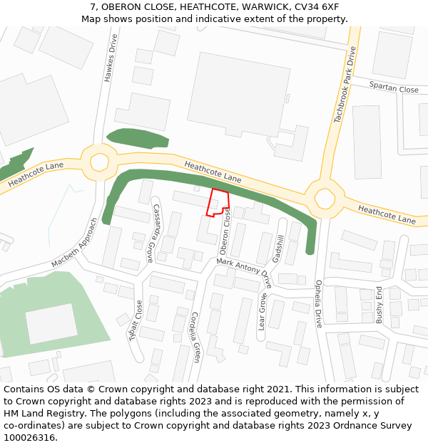 7, OBERON CLOSE, HEATHCOTE, WARWICK, CV34 6XF: Location map and indicative extent of plot