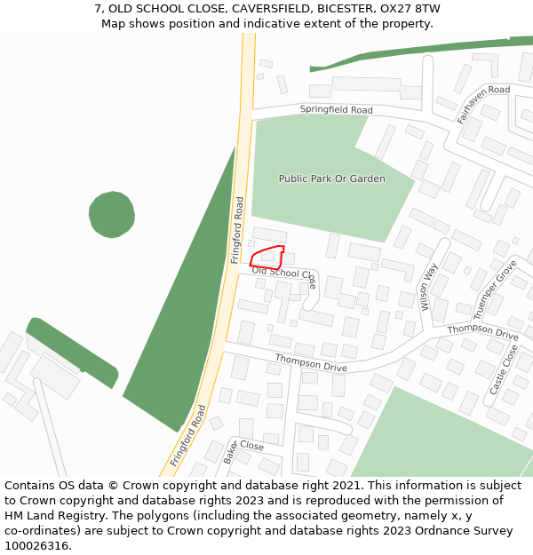 7, OLD SCHOOL CLOSE, CAVERSFIELD, BICESTER, OX27 8TW: Location map and indicative extent of plot