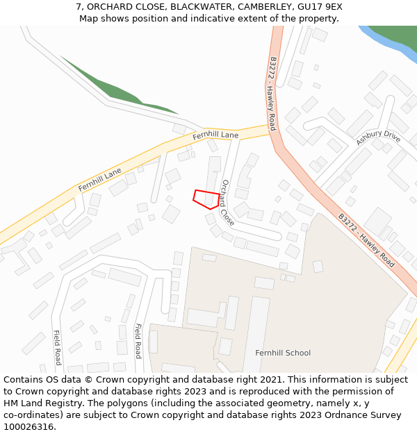 7, ORCHARD CLOSE, BLACKWATER, CAMBERLEY, GU17 9EX: Location map and indicative extent of plot