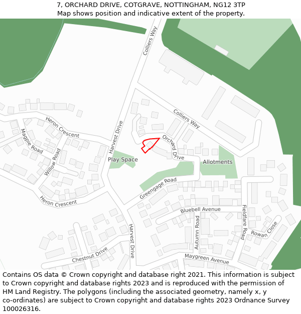 7, ORCHARD DRIVE, COTGRAVE, NOTTINGHAM, NG12 3TP: Location map and indicative extent of plot