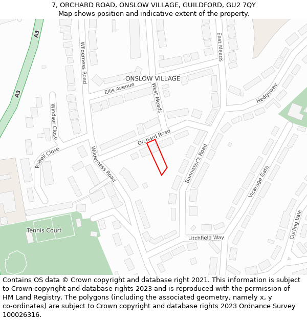 7, ORCHARD ROAD, ONSLOW VILLAGE, GUILDFORD, GU2 7QY: Location map and indicative extent of plot