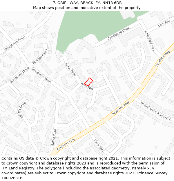 7, ORIEL WAY, BRACKLEY, NN13 6DR: Location map and indicative extent of plot