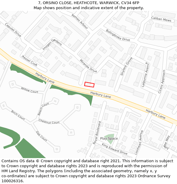 7, ORSINO CLOSE, HEATHCOTE, WARWICK, CV34 6FP: Location map and indicative extent of plot