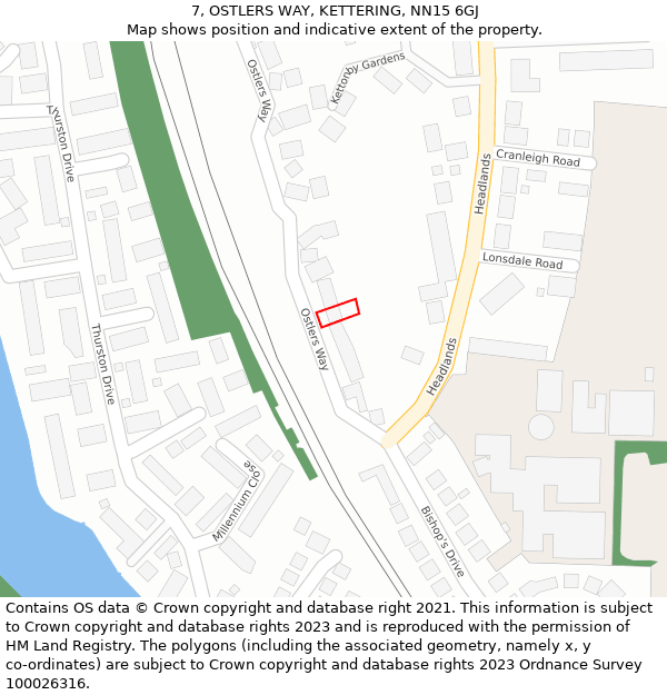 7, OSTLERS WAY, KETTERING, NN15 6GJ: Location map and indicative extent of plot