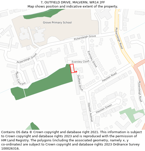 7, OUTFIELD DRIVE, MALVERN, WR14 2FF: Location map and indicative extent of plot