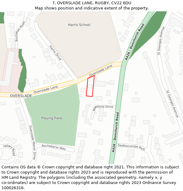 7, OVERSLADE LANE, RUGBY, CV22 6DU: Location map and indicative extent of plot