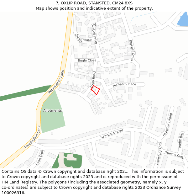 7, OXLIP ROAD, STANSTED, CM24 8XS: Location map and indicative extent of plot