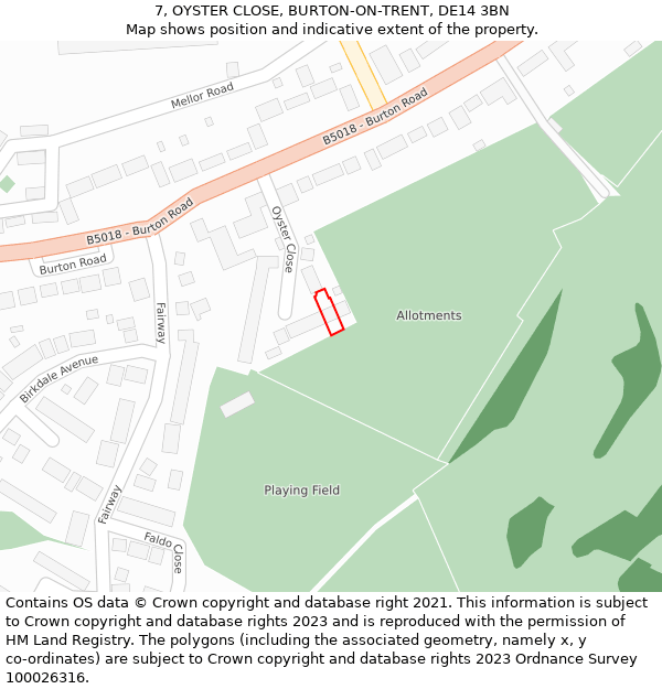 7, OYSTER CLOSE, BURTON-ON-TRENT, DE14 3BN: Location map and indicative extent of plot