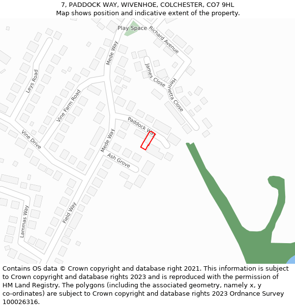 7, PADDOCK WAY, WIVENHOE, COLCHESTER, CO7 9HL: Location map and indicative extent of plot