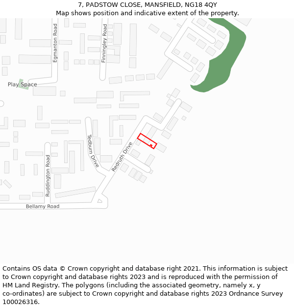 7, PADSTOW CLOSE, MANSFIELD, NG18 4QY: Location map and indicative extent of plot