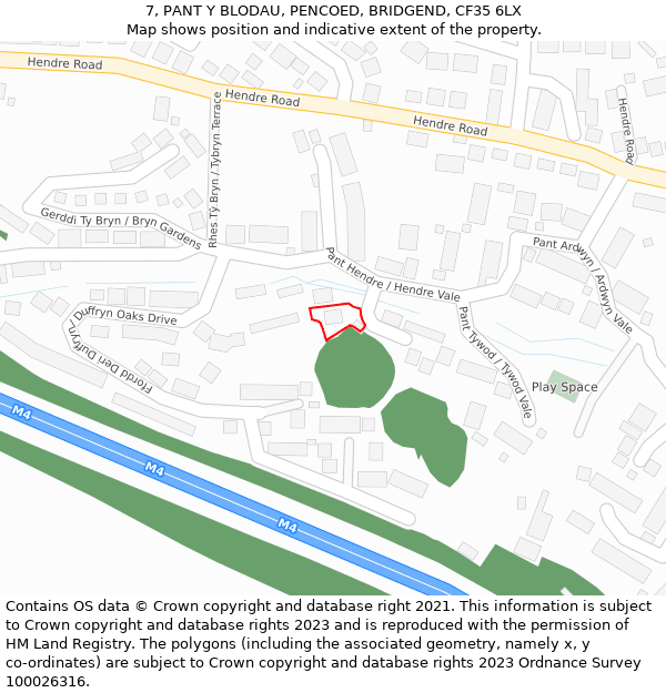 7, PANT Y BLODAU, PENCOED, BRIDGEND, CF35 6LX: Location map and indicative extent of plot
