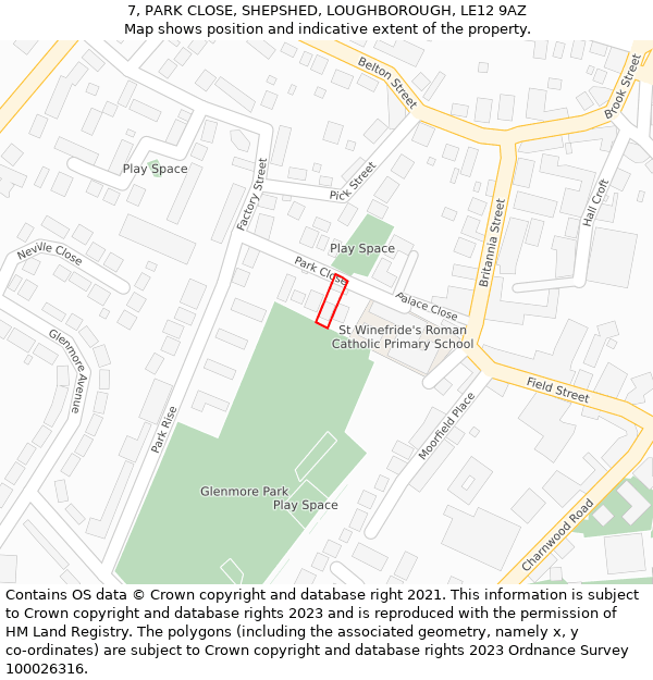 7, PARK CLOSE, SHEPSHED, LOUGHBOROUGH, LE12 9AZ: Location map and indicative extent of plot