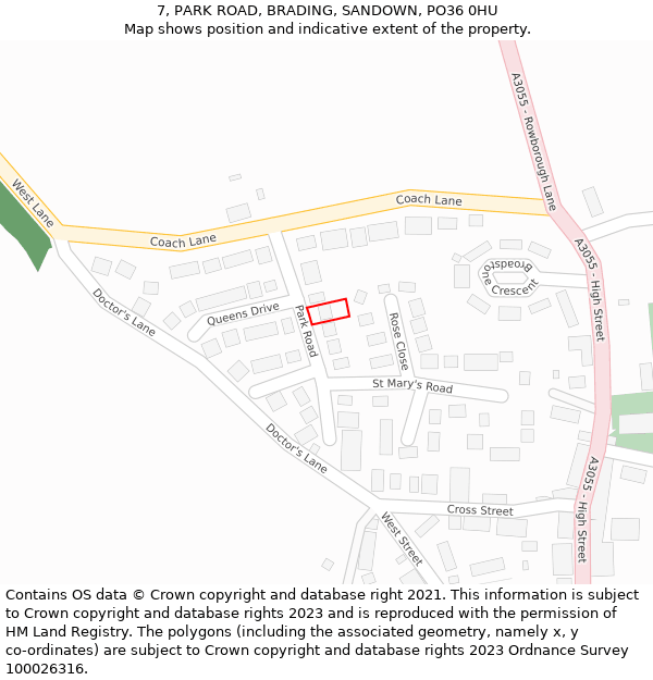 7, PARK ROAD, BRADING, SANDOWN, PO36 0HU: Location map and indicative extent of plot