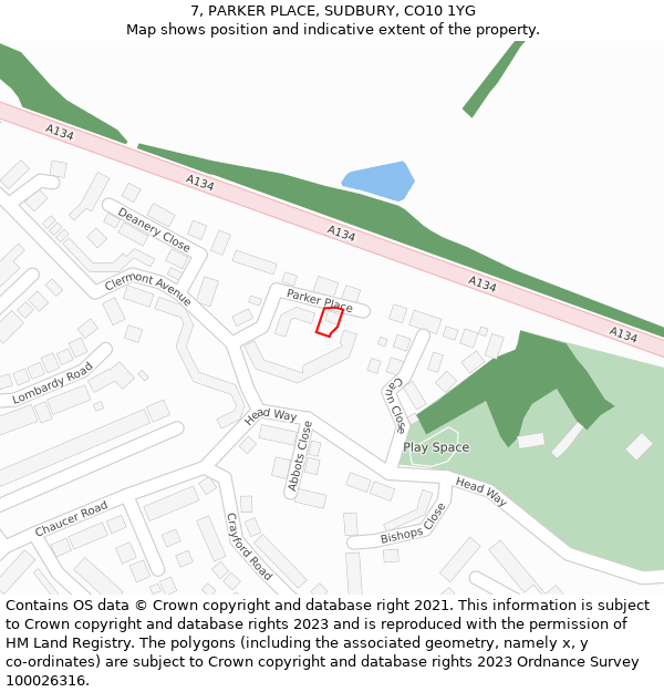 7, PARKER PLACE, SUDBURY, CO10 1YG: Location map and indicative extent of plot