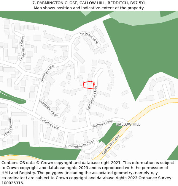 7, PARMINGTON CLOSE, CALLOW HILL, REDDITCH, B97 5YL: Location map and indicative extent of plot