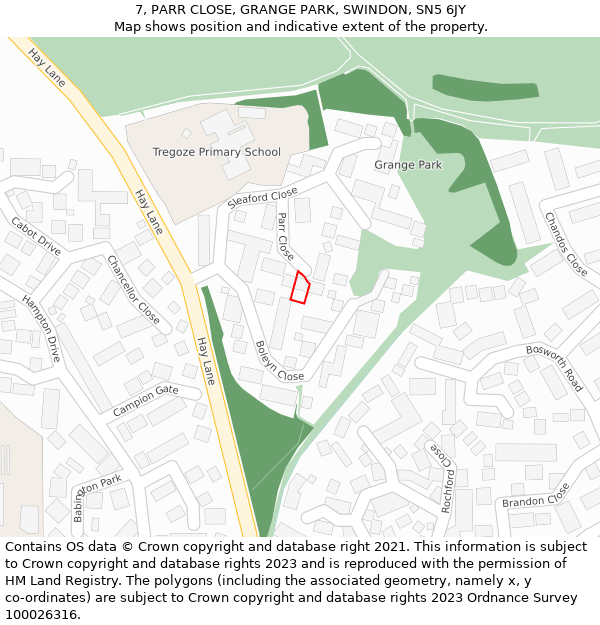 7, PARR CLOSE, GRANGE PARK, SWINDON, SN5 6JY: Location map and indicative extent of plot