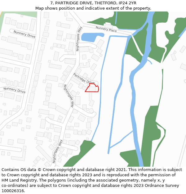 7, PARTRIDGE DRIVE, THETFORD, IP24 2YR: Location map and indicative extent of plot