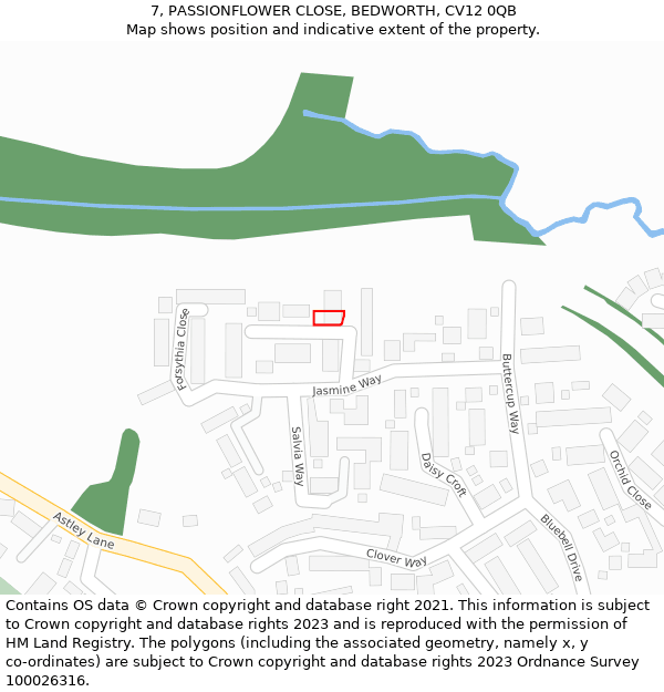 7, PASSIONFLOWER CLOSE, BEDWORTH, CV12 0QB: Location map and indicative extent of plot