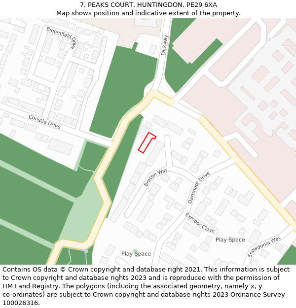 7, PEAKS COURT, HUNTINGDON, PE29 6XA: Location map and indicative extent of plot