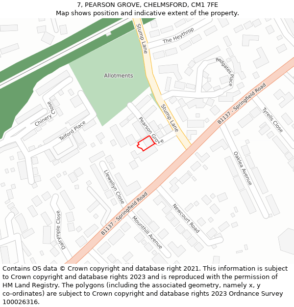 7, PEARSON GROVE, CHELMSFORD, CM1 7FE: Location map and indicative extent of plot