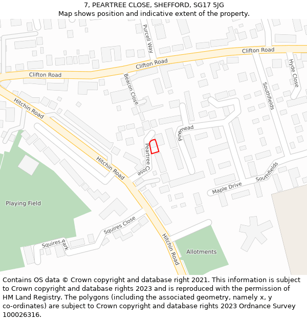 7, PEARTREE CLOSE, SHEFFORD, SG17 5JG: Location map and indicative extent of plot