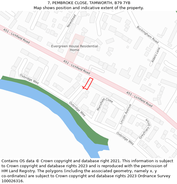 7, PEMBROKE CLOSE, TAMWORTH, B79 7YB: Location map and indicative extent of plot