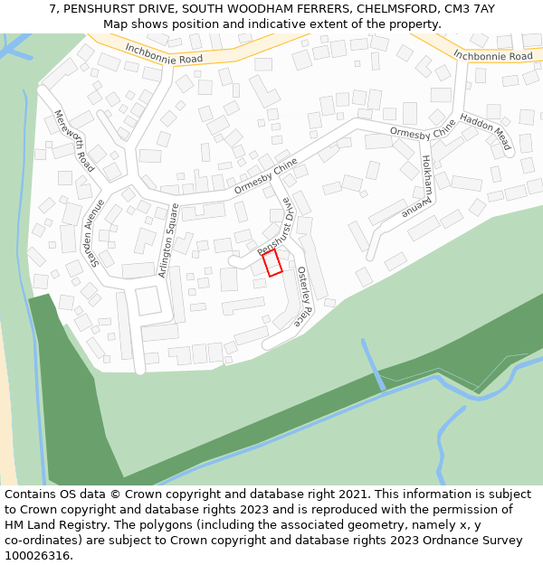 7, PENSHURST DRIVE, SOUTH WOODHAM FERRERS, CHELMSFORD, CM3 7AY: Location map and indicative extent of plot