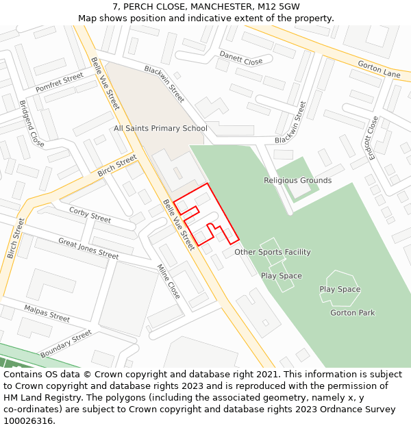 7, PERCH CLOSE, MANCHESTER, M12 5GW: Location map and indicative extent of plot