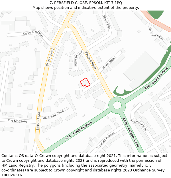 7, PERSFIELD CLOSE, EPSOM, KT17 1PQ: Location map and indicative extent of plot